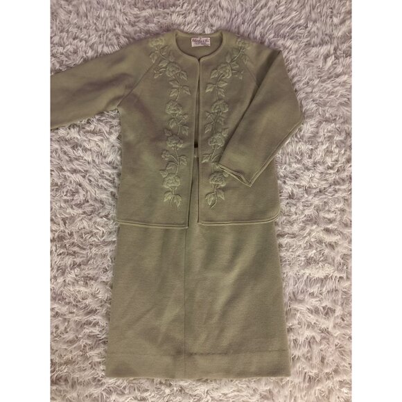 Charles & Co 100% Wool Embroidered Floral Green 2-Piece Skirt Suit Set Vintage - Picture 14 of 16